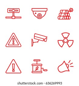 Caution icons set. set of 9 caution outline icons such as security camera, warning, siren, dynamite, radiation