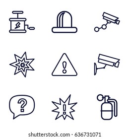 Caution icons set. set of 9 caution outline icons such as security camera, siren, warning, security camera, dynamite, explosion