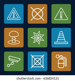 Caution icons set. set of 9 caution outline icons such as no dry cleaning, cone, warning, security camera, dynamite