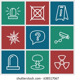 Caution icons set. set of 9 caution outline icons such as siren, security camera, wet floor, no dry cleaning, explosion, radiation, exclamation