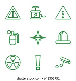 Caution icons set. set of 9 caution outline icons such as security camera, warning, siren, dynamite, explosion, radiation