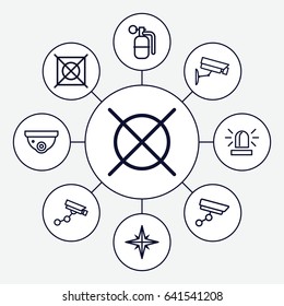 Caution icons set. set of 9 caution outline icons such as siren, security camera, security camera, no dry cleaning, dynamite