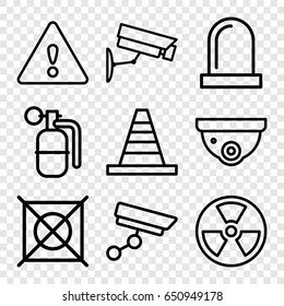 Caution icons set. set of 9 caution outline icons such as security camera, no dry cleaning, cone, siren, warning, dynamite