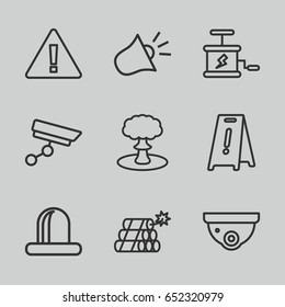 Caution icons set. set of 9 caution outline icons such as security camera, wet floor, siren, dynamite, explosion