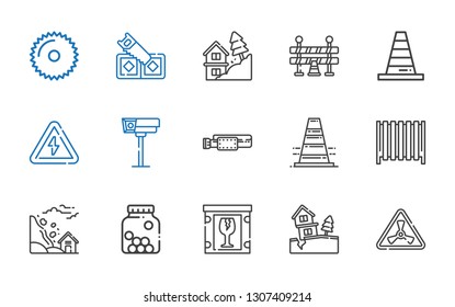 caution icons set. Collection of caution with nuclear, landslide, fragile, cones, radiator, traffic cone, belt, cctv, high voltage, cone. Editable and scalable caution icons.