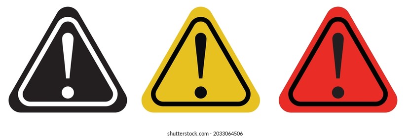 Caution icons set, exclamation mark, warning signs. Isolated attention triangle symbols on white background. Warning alert error concept: black, yellow, red color. Vector to PNG design