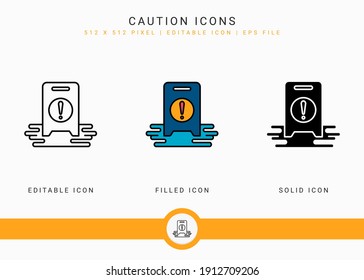 Caution icons set vector illustration with solid icon line style. Exclamation mark alert concept. Editable stroke icon on isolated background for web design, user interface, and mobile application