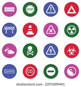 Caution Icons. White Flat Collection In Circle. Vector Illustration.