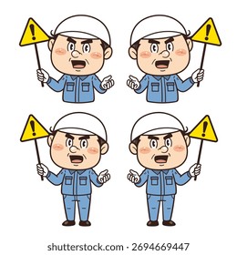 [Caution] Illustration of a worker working in a factory or on-site holding a warning sign