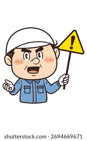 [Caution] Illustration of a worker working in a factory or on-site holding a warning sign