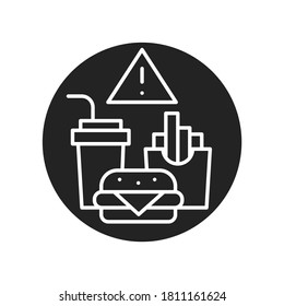 Caution junk food black glyph icon. Cause diseases gastric tract. Sign for web page, mobile app, button, logo. Vector isolated element.