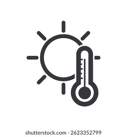 Rótulo de atenção à exposição ao calor extremo e à luz solar UV, apresentando um ícone de aviso com sol e termômetro para conscientização da segurança