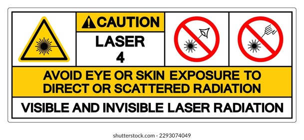 Vorsicht, Laser 4 Vermeiden Sie Augen oder Hautexposition gegenüber direktem oder gescattertem Radiationssymbol, Vektorgrafik, isoliert auf weißem Hintergrund Etikett .EPS10