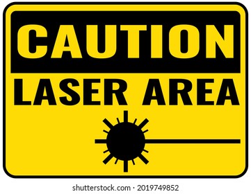 Caution laser area sign. White, Yellow, Black background warning label. Symbols safety for hospitals and medical businesses.