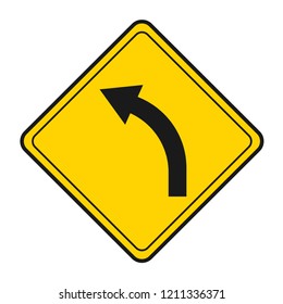 caution for left curve road traffic sign vector icon, modern design, flat style, black and yellow color