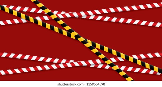 Caution lines isolated. Warning tapes. Danger signs. Vector illustration. Set of black and yellows caution tapes with different inscriptions.