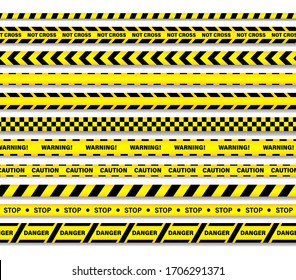 Caution lines isolated. Warning tapes. Danger signs. It is written on tapes not cross, warning, caution, stop, denger.