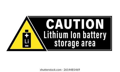 Caution, lithium Ion battery storage area. Yellow warning triangle shape sign with symbol and text on the right on black background.