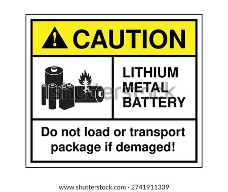 Caution lithium metal battery warning sign featuring battery and flame icon with damage handling instructions. Ideal for shipping packages, logistics operations, air cargo, freight transport, and hazardous materials compliance labeling.