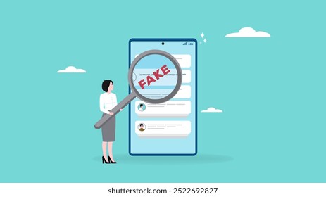 caution, lottery fraud on the internet, investment fraud or scam, fraudulent messages concept, the lure of fake gifts, businesswoman examining fraudulent messages using a magnifier