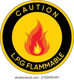 Vorsicht L.P.G Flammenfähiges Warnschild, Kreisgas-Sicherheitsschild mit Brandflammensymbol, Aufkleber für industrielle Gefahrenhinweise, gelbes und schwarzes Vektoremblem für Kraftstoffspeichersicherheit