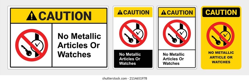 Caution Metallic article sign. Yellow triangle symbol.