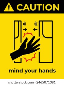 Caution mind your hand public train transportation poster sign banner illustration isolated on vertical yellow and black background. Simple flat cartoon art styled drawing for poster prints.