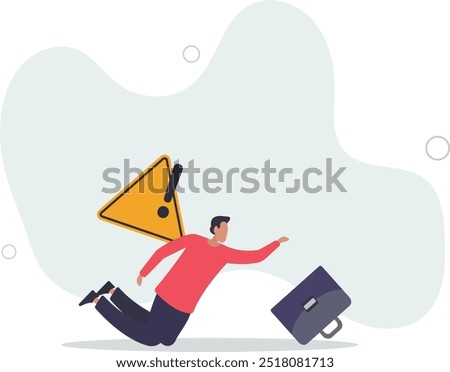 Caution or mistake attention, risk alarm with exclamation point symbol, error or failure warning,flat design with people.