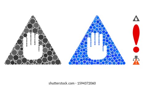 Caution mosaic of filled circles in variable sizes and color tints, based on caution icon. Vector filled circles are composed into blue illustration. Dotted caution icon in usual and blue versions.