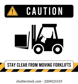 Caution Moving Forklifts construction sign or poster design. Forklift truck icon. Vector banner with editable stroke.