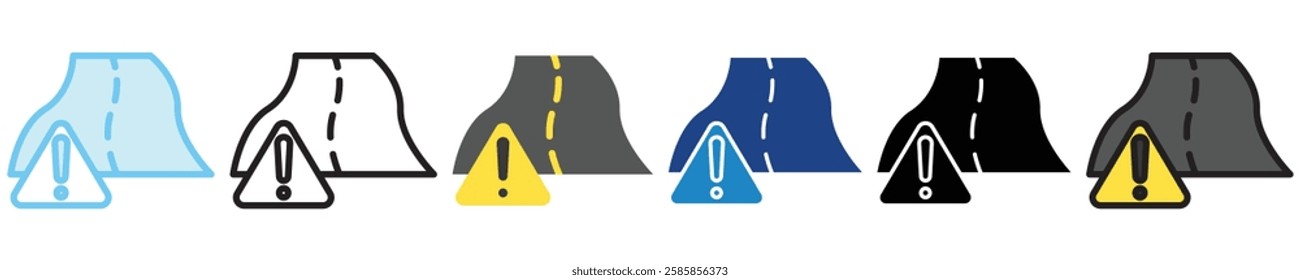 Caution multi style, mini illustration icon. outline, flat, glyph, line color, UI, UX kit, app, web development, digital or print. For education, construction, transportation, traffic management.