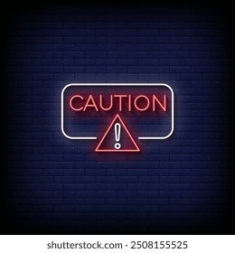 caution neon sign vector with brick wall background 