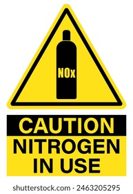 Cuidado, nitrógeno en uso. Signo de triángulo de advertencia amarillo con cilindro de gas y texto debajo.