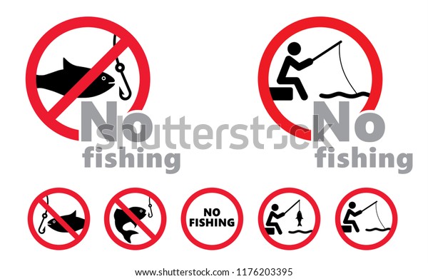Caution no fishing or fish Forbid icons Prohibited\
do not enter or entery on park signs Forbidden pictoram sign Vector\
no ban icon Stop halt allowed area Forbidden law zone for water or\
sea symbol
