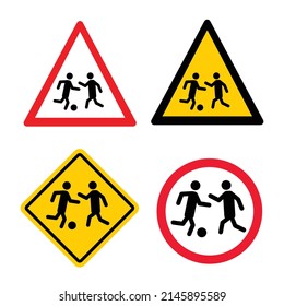 Caution no football or ball activity zone sign. Stop, do not play game. Vector sports pictogram or symbol. Cartoon soccer playing team. Sport, balls games area icon or logo.