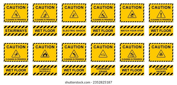 Caution orange signs plate collection. Wet floor, stairways, electric shock, watch your step hazard plates