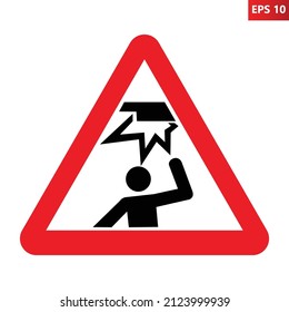 Caution overhead obstacle sign. Vector illustration of red triangle warning sign with human figure hits his head in obstacle. Dangerous zone. Safety signs symbol. Risk of injury or death. Flat design.