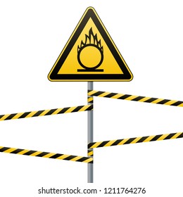 Caution oxidizer. Safety sign. Safety at work. Yellow triangle with black image, metal pillar, protective red tapes. White background isolated object. Vector illustration.