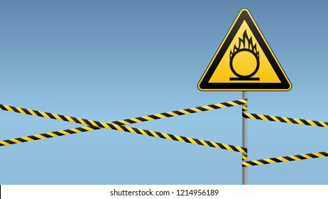 Caution oxidizer. Safety sign. Safety at work. Yellow triangle with black image, metal pillar, protective tapes. Sky background. Vector illustration.