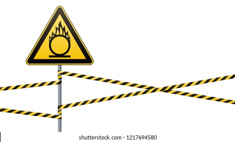 Caution oxidizer. Safety sign. Safety at work. Yellow triangle with black image, metal pillar, protective tapes. Isolated object. White background. Vector illustration.