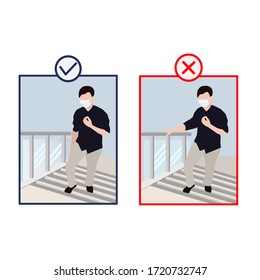 Caution pandemic sign. Do not touch the railing of the stairs while walking up and down. Prevent the spread of Covid-19 virus. 