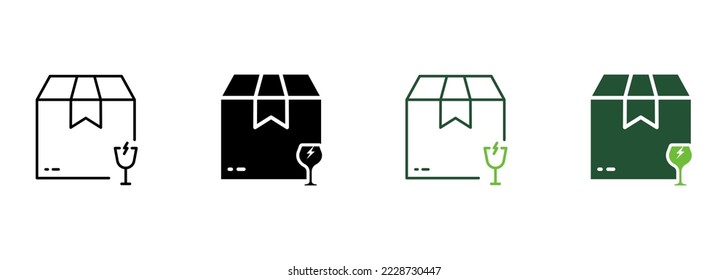 Caution Parcel Cardboard Box with Glassware Care Silhouette and Line Icon. Careful Glass Handle Shipping Pictogram. Breakable Fragile Package Icon. Editable Stroke. Isolated Vector Illustration.