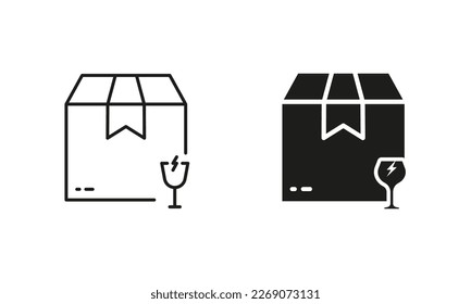 Caja de cartón de paquete de precaución con silueta de cuidado de vidrio y conjunto de iconos de línea. Pictograma de envío de la manija de vidrio con cuidado. Signo de paquete frágil rompible. Stroke editable. Ilustración de vectores aislados.