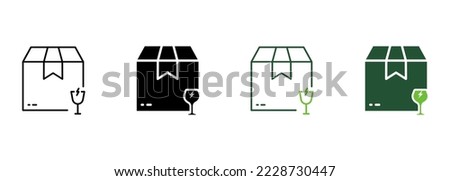 Caution Parcel Cardboard Box with Glassware Care Silhouette and Line Icon. Careful Glass Handle Shipping Pictogram. Breakable Fragile Package Icon. Editable Stroke. Isolated Vector Illustration.