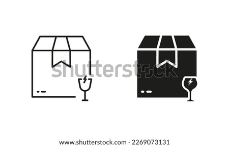 Caution Parcel Cardboard Box with Glassware Care Silhouette and Line Icon Set. Careful Glass Handle Shipping Pictogram. Breakable Fragile Package Sign. Editable Stroke. Isolated Vector Illustration.
