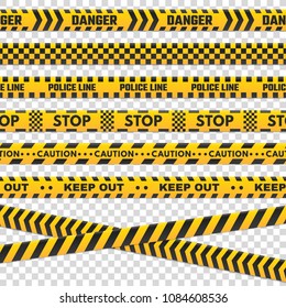 Caution perimeter stripes. Isolated black and yellow danger police line do not cross for criminal scene. Security lines sign or barricade tape vector set