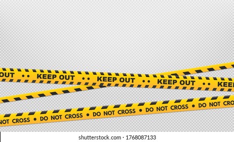 Caution perimeter stripes. Warning and danger tapes. Black and yellow do not cross and keep out line. Crime places and construction signs isolated on transparent background vector illustration