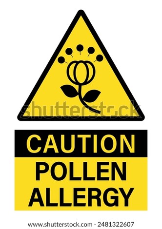 Caution, pollen allergy. Yellow warning triangle sign with silhouette of a flower and pollens in the air. Text below.