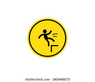 Caution, possible fall from height. Attention is dangerous. Warning sign. Security measures. Yellow round with a black image. Vector on isolated white background. EPS 10