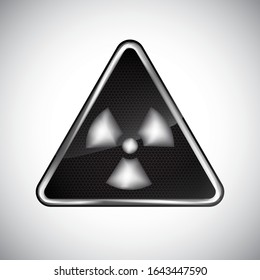 Caution radiation hazard sign. Black and white metal warning radiation hazard sign on white background. Information security vector symbol. Design protection icon, button. Science vector illustration